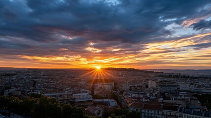 Poster - Spectacular sunset over a sprawling cityscape, vibrant orange and blue hues paint the sky, sun rays burst through clouds illuminating buildings below. : Generative AI