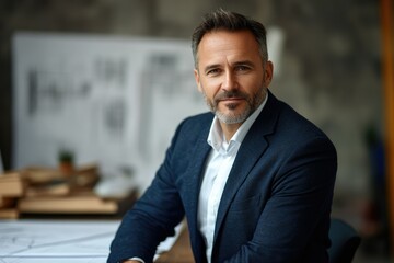 Poster - Confident mature businessman in a suit, sitting at his desk, looking directly at the camera.
