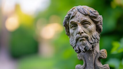 Aufkleber - Close-up view of a weathered stone head, possibly a religious figure, set against a blurred green natural background.  The detail reveals age and texture. : Generative AI