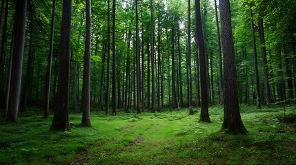 Poster - A serene path winds through a lush, green forest, sunlight dappling through the dense canopy of tall trees, creating a tranquil and peaceful atmosphere. : Generative AI