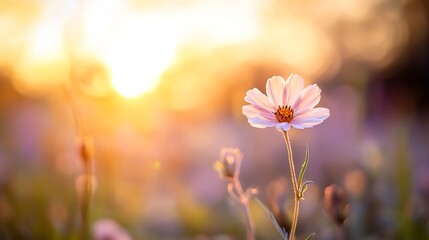 Poster - Single cosmos flower illuminated by warm sunset light, delicate petals, soft focus background, peaceful nature scene, summer bloom, vibrant colors. : Generative AI