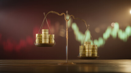 Leinwandbilder - Golden coins on antique scales, balanced against a backdrop of fluctuating financial charts, symbolizing investment, wealth, and market dynamics.