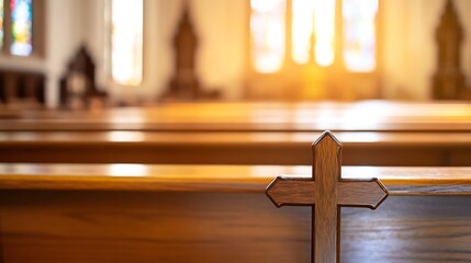 Poster - Wooden cross detail on church pew, sunlight through stained glass windows, peaceful and serene atmosphere in a house of worship. : Generative AI
