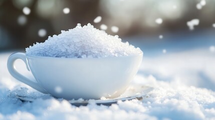 Aufkleber - A white teacup filled with freshly fallen snow sits on a saucer in the snow, with snowflakes gently falling around it, creating a serene winter scene. : Generative AI