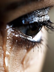 Poster - Close-up of a woman's eye with tears streaming down her cheek, showcasing the intricate detail of eyelashes and skin texture.  The image evokes feelings of sadness and vulnerability. : Generative AI