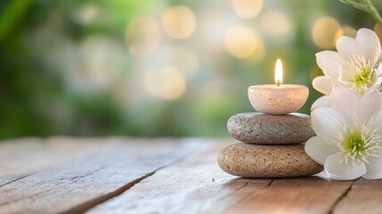 Poster - Serene spa setting: a lit candle rests atop a stack of smooth stones, accompanied by delicate white flowers, all set against a blurred green background. : Generative AI