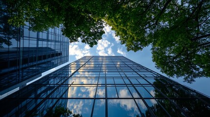 Aufkleber - Modern glass skyscraper reflecting blue sky and clouds, framed by lush green tree branches overhead, showcasing a harmonious blend of nature and urban architecture. : Generative AI