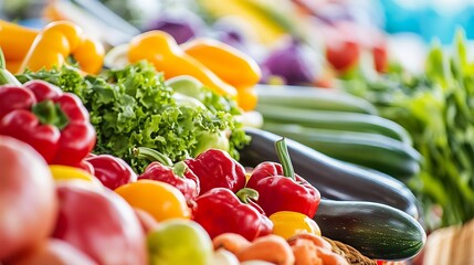 Poster - Vibrant assortment of fresh vegetables at a farmer's market, showcasing red and yellow bell peppers, lettuce, zucchini, and eggplant, creating a colorful and healthy display. : Generative AI