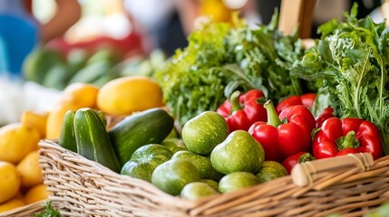 Aufkleber - A wicker basket overflowing with fresh, vibrant produce from a farmer's market, including green tomatillos, red bell peppers, cucumbers, and leafy greens. : Generative AI