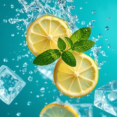Poster - A high-speed photo of lemon slices and mint leaves suspended in mid-air as water splashes around them, ice cubes glistening in the background. Teal and blue tones blend for a crisp, refreshing look