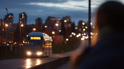 Poster - Blurred city night scene with a bus driving on a road, person out of focus in the foreground, bokeh lights from buildings and vehicles. : Generative AI