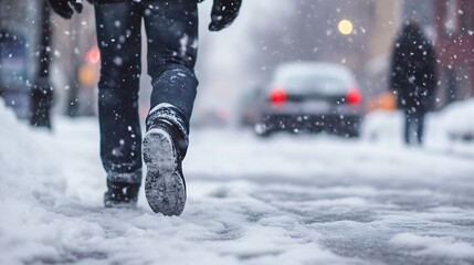 Aufkleber - Person walking in snow covered city street during snowfall, close up view of boots and snow, blurry background, winter season : Generative AI