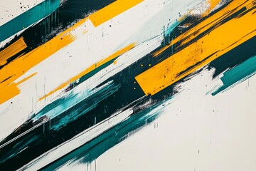 Poster - Abstract Diagonal Data Streams Teal and Mustard Brush Strokes with Pixelated Texture on White Canvas Background