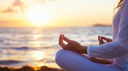 Poster - Woman meditates in lotus position at sunrise on a beach, peaceful ocean scene, golden hour light, serenity, mindfulness, yoga practice. : Generative AI