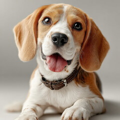 Poster - Adorable Beagle Puppy with Brown Collar, Lying Down and Smiling, Happy Dog Portrait Against Neutral Background