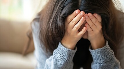 Fototapete - A young woman sits alone, her face hidden by her hands, conveying feelings of sadness, despair, or loneliness.  The soft, muted tones of her grey sweater and the blurred background enh : Generative AI