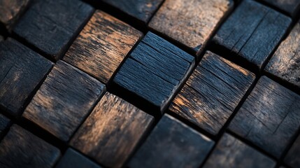 Poster - Close-up view of dark, rustic wooden blocks arranged in a geometric pattern, showcasing rich textures and variations in color from deep brown to black. : Generative AI