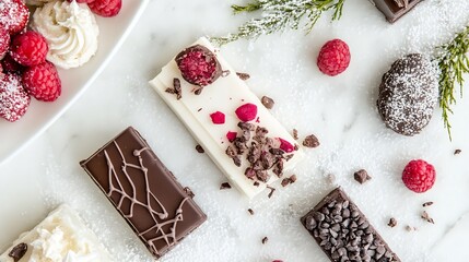 Aufkleber - Gourmet chocolate bars and raspberries arranged on marble, sprinkled with powdered sugar; festive dessert display. : Generative AI