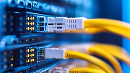 Poster - Close-up view of fiber optic cables connected to a server rack, showcasing the intricate details of network infrastructure and data transfer technology. : Generative AI