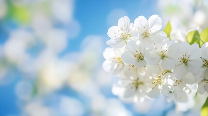 Poster - Close-up of delicate white blossoms on a branch, bathed in sunlight against a soft blue sky.  A springtime floral scene, perfect for nature-themed designs. : Generative AI