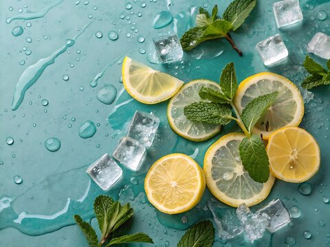 A cocktail-inspired flat lay with lemon slices, mint sprigs, and melting ice cubes, water droplets splashing elegantly on a teal marble background. Soft lighting, vibrant colors.