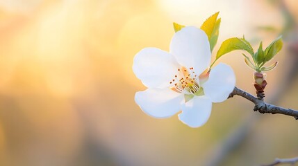 Aufkleber - Single delicate white flower blossom on a branch, bathed in warm golden sunlight, springtime nature scene. : Generative AI