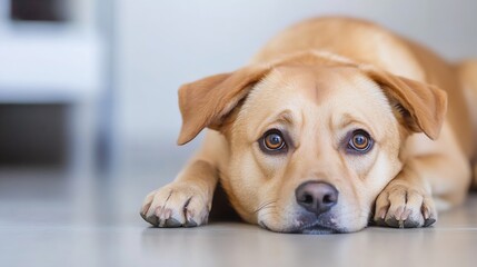 Poster - A sweet, light brown dog lies on the floor, resting its head and paws, gazing sadly at the camera with big, expressive eyes. : Generative AI