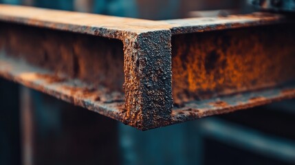 Fototapete - Close-up view of a rusty, weathered steel beam, showing texture and detail of aged metal.  The orange and dark brown tones highlight the effects of time and corrosion on the industrial : Generative AI