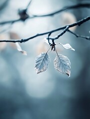 Poster - Two delicate, frost-covered leaves cling to a slender, dark branch against a soft, muted blue background, evoking a serene winter scene. : Generative AI