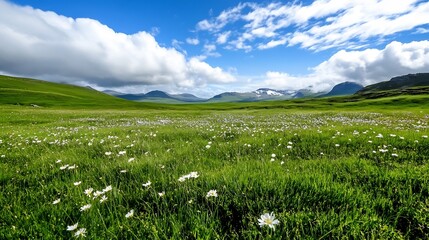 Aufkleber - Serene mountain meadow landscape with blooming white daisies under a vibrant blue sky, showcasing lush green grass and distant snow-capped peaks. : Generative AI