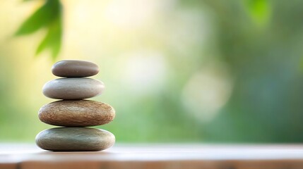 Poster - Serene Stack of Four Smooth Stones on Wooden Surface, Blurred Green Background, Zen Garden Concept, Tranquility, Balance, Meditation : Generative AI