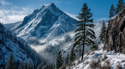 Poster - Majestic snow-capped mountain peak rises above a wintery forest trail, mist swirling through the valley below, creating a serene and picturesque landscape.