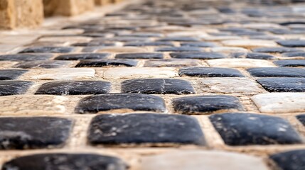 Poster - Close-up view of a pathway paved with dark and light rectangular stones, showcasing a textured surface and subtle color variations. : Generative AI