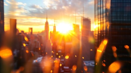 Aufkleber - Golden Hour Sunset Over Cityscape, Viewed Through Glass with Bokeh Effect, Showing Tall Buildings and Warm Light : Generative AI