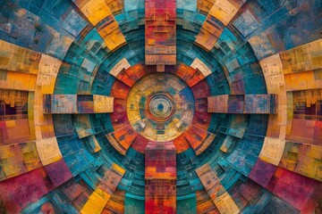 Poster - Aerial View of a Detailed Fractal Grid with Rusty Texture Circular and Cross Shapes Multicolored Gradient in Blue Orange Yellow and Purple