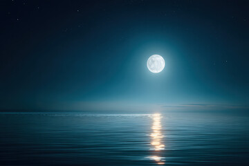 Aufkleber - Serene night scene featuring a full moon reflecting on a calm ocean surface, stars visible in the dark teal sky.  Peaceful, tranquil atmosphere.