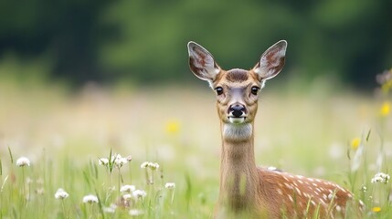 Poster - A young fallow deer fawn gazes directly at the camera, nestled amidst a vibrant meadow of wildflowers and tall grasses, bathed in soft natural light. : Generative AI