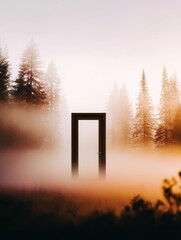 Wall Mural - mysterious door standing alone in a foggy forest at sunrise with pine trees surrounding it
