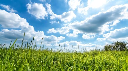 Poster - Vibrant green grass field under a bright blue sky with fluffy white clouds, a picturesque summer landscape scene. : Generative AI