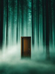 Wall Mural - mysterious door standing alone in a foggy forest, evoking curiosity and intrigue