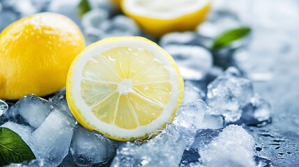 Poster - Close-up of juicy lemon slices nestled amongst glistening ice cubes, with fresh mint leaves adding a touch of coolness. : Generative AI