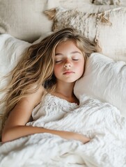 Aufkleber - A young girl with long blonde hair peacefully sleeps in a white bed, covered by a soft blanket, her face serene and relaxed. : Generative AI