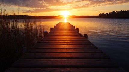 Aufkleber - Serene sunset view over a calm lake, with a wooden pier extending towards the glowing sun, creating a peaceful and tranquil atmosphere. : Generative AI