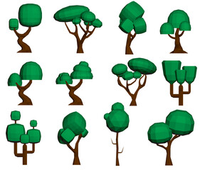 Poster - A collection of trees in various sizes and shapes. The trees are all green and are arranged in a row. Low-poly 3D