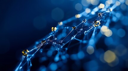 Fototapete - Abstract digital network: a 3D render of interconnected nodes, glowing gold and blue, resembling a complex web structure. : Generative AI