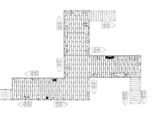 Poster - A drawing of a long wooden docks with a boat in the middle. The boat is surrounded by other boats and the structure is made of wood