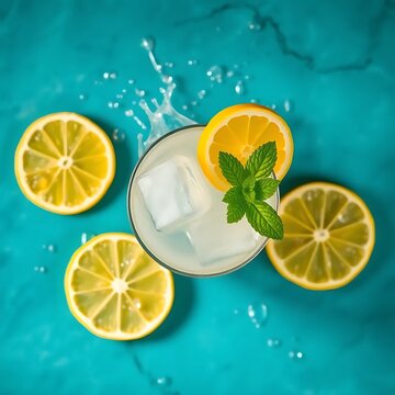 A cocktail-inspired flat lay with lemon slices, mint sprigs, and melting ice cubes, water droplets splashing elegantly on a teal marble background. Soft lighting, vibrant colors.