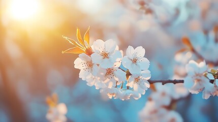 Poster - Close-up of delicate white cherry blossoms on a branch, bathed in warm sunset light, creating a serene and peaceful spring scene. : Generative AI