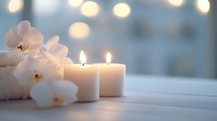 Aufkleber - Serene spa setting with two lit candles and white orchids resting on soft towels, creating a peaceful and relaxing atmosphere. : Generative AI