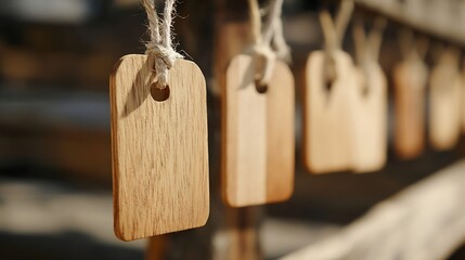 Aufkleber - Close-up of several small, light brown wooden tags hanging from twine, showcasing natural wood grain and texture.  The tags are blank and appear to be ready for labeling or personaliza : Generative AI